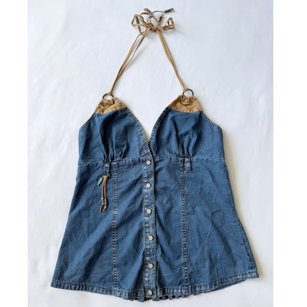 Guess Blue Denim Halter Top Women Medium Wash Boho Western Beaded Feather Smock
